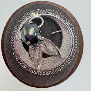 VTG Sterling SIlver 925 Hematite Flower Design Circle Brooch Size 1" Diameter